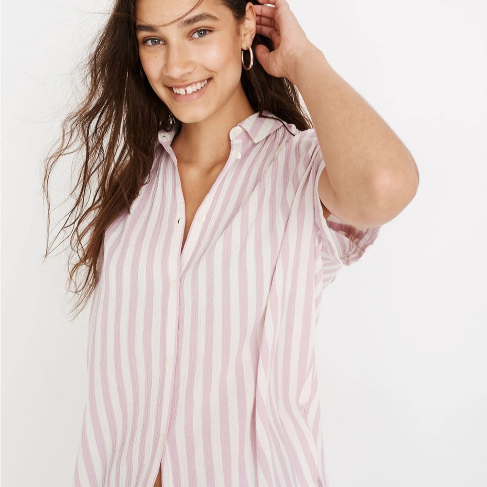 Madewell Lavender Striped Short Sleeve Shirt